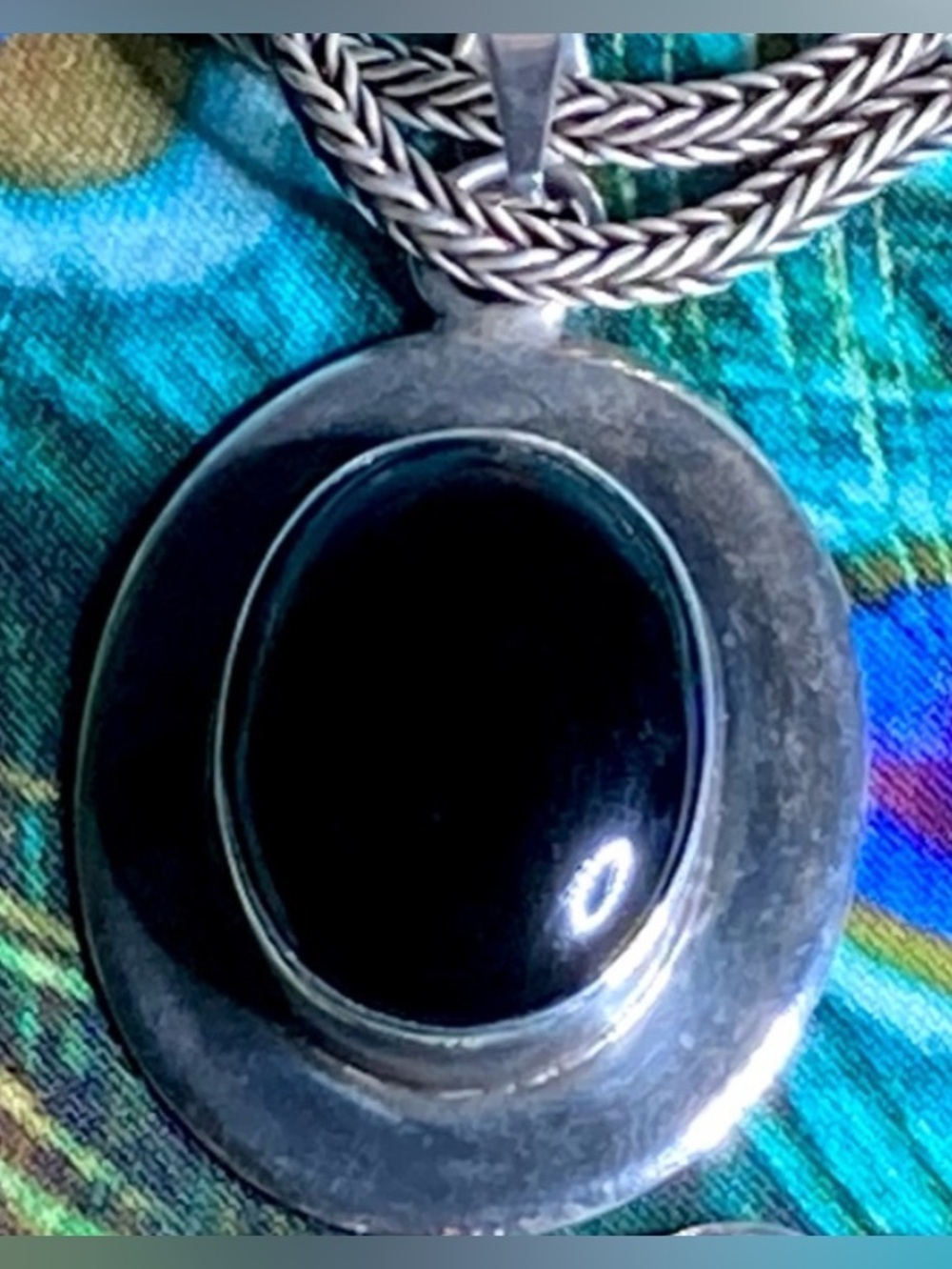 Large Sterling Silver Vintage Onyx Pendant  ATI MEXICO Thick Heavy Silver Chain